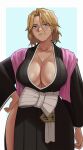  1girl arrancar badge black_kimono bleach breasts cleavage fukutaichou_badge gud0c hand_on_own_hip haori highres japanese_clothes jewelry kimono large_breasts looking_at_viewer matsumoto_rangiku mole mole_under_mouth necklace orange_hair pink_shawl shawl shinigami short_hair standing taichou_haori thigh_gap veins veiny_breasts zanpakutou 