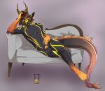  absurd_res animal_genitalia anthro antlers balls big_balls bodily_fluids cheek_tuft claws crossed_legs digitigrade dragon facial_tuft feet fur furniture genital_fluids genitals hair head_in_hand hi_res horn looking_down lounging lying male mane mane_hair multicolored_body nude orange_eyes orange_penis penis sheath simple_background smile snagletooth sofa solo tail tail_tuft teeth tuft urine urine_in_cup veryloudopossum watersports whiskers yellow_urine 