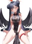  1girl absurdres bare_shoulders barefoot black_choker black_hair black_wings blue_archive blush breasts china_dress chinese_clothes choker cleavage_cutout closed_eyes clothing_cutout double_bun dress feathered_wings grin hair_bun hair_ornament hairclip halo highres ichika_(blue_archive) large_breasts long_hair looking_at_viewer low_wings nicorima pelvic_curtain side_slit simple_background sitting smile solo thigh_strap thighs very_long_hair wariza white_background wings 