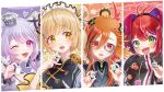  4girls :d akane_canna akane_canna_(2nd_costume) animal_ear_headphones animal_ears antenna_hair bead_necklace beads black_bow black_coat black_collar black_hair black_ribbon black_shirt blonde_hair blush bow breasts cat_ears china_dress chinese_clothes cleavage clothing_cutout coat collar column_lineup commentary_request criss-cross_halter crown detached_collar dog dress ear_ribbon fake_animal_ears fang flat_chest floppy_ears folded_hair frilled_shirt frills green_eyes grey-framed_eyewear grey_coat hair_between_eyes hair_bobbles hair_bow hair_ornament hair_ribbon halterneck headphones highres holding_mahjong_tile ina_uruu inaba_haneru_(animare) jewelry kazami_kuku letterboxed long_bangs long_hair long_sleeves looking_at_viewer looking_down looking_to_the_side low_twintails mahjong mahjong_tile maid_headdress mandarin_collar medium_bangs medium_breasts mini_crown monocle multicolored_hair multiple_girls nanashi_inc. necklace one_eye_closed open_mouth orange_eyes orange_hair outline pink_eyes pink_hair purple_hair rabbit_ears rabbit_girl red_hair reona_kfc02 ribbon shirt short_hair shoulder_cutout smile streaked_hair tenbou twintails two-tone_coat two-tone_hair upper_body virtual_youtuber white_coat white_outline wiink wing_hair_ornament yellow_eyes zipper 