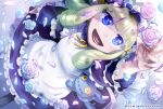  1girl alice_(housamo) apron blonde_hair blue_eyes blunt_bangs button_eyes dress drill_hair flower foot_out_of_frame frilled_apron frilled_dress frills gothic_lolita gradient_hair green_hair hairband lolita_fashion lolita_hairband long_hair long_sleeves multicolored_hair open_mouth outstretched_arm petals ribbon ringlets rose rose_petals smile solo stuffed_animal stuffed_toy sumi_wo_hakuneko tokyo_afterschool_summoners twitter_username yellow_ribbon 