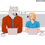  annoyed anthro beard blonde_hair blue_clothing blue_shirt blue_topwear canid canine canis clothing computer concept_art container cup depictionexpress dialogue duo duo_focus english_text facial_hair female grey_clothing group hair hi_res human jacket laptop light_body light_skin male male/female mammal mug napkin objects_in_foreground shirt short_hair simple_background speech_bubble text topwear wolf 