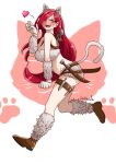  1girl :d animal_ears artist_name belt blush breasts brown_belt brown_footwear cat_tail cleavage dagger fake_animal_ears from_side fur_trim green_eyes heart katarina_(league_of_legends) kitty_cat_katarina knife large_breasts league_of_legends lolboja long_hair long_sleeves looking_at_viewer pink_background red_hair smile solo tail teeth tongue upper_teeth_only weapon white_background 