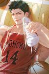  1boy ball basketball_(object) black_hair brown_eyes closed_mouth holding holding_shoes jnkku looking_at_viewer lying male_focus mitsui_hisashi muscular muscular_male on_back red_tank_top shoes short_hair sideburns slam_dunk_(series) smile solo sportswear tank_top upper_body 