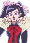  1girl black_hair bow colored_eyelashes commentary_request fangs go!_princess_precure highres long_hair melon_hamburg_bentou miss_siamour miss_siamour_(human) open_mouth paw_pose paw_print pointy_ears precure purple_eyes red_bow smile solo twintails 