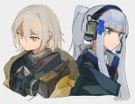  2girls agent_416_(girls&#039;_frontline) agent_vector_(girls&#039;_frontline) back-to-back blush chesed_(uporyz) commentary_request expressionless facial_mark girls&#039;_frontline green_eyes grey_background grey_hair hair_ornament headset highres hk416_(girls&#039;_frontline) jacket light_brown_hair long_hair mask mask_around_neck multiple_girls ponytail sidelocks simple_background tom_clancy&#039;s_the_division upper_body vector_(girls&#039;_frontline) yellow_eyes 