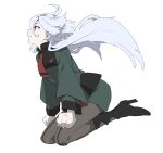  1girl ahoge asticassia_school_uniform black_footwear boots brown_pantyhose clenched_hands closed_mouth floating_hair from_side front-seamed_legwear frost_krx7 full_body green_jacket green_shorts grey_eyes gundam gundam_suisei_no_majo hair_between_eyes high_heel_boots high_heels highres jacket long_hair long_sleeves looking_up miorine_rembran pantyhose pantyhose_under_shorts school_uniform seamed_legwear shorts simple_background sitting solo swept_bangs wariza white_background white_hair 