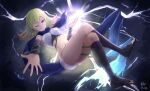  1girl blonde_hair blue_scarf breasts commentary_request crossed_legs dated electricity full_body kid_icarus kid_icarus_uprising legs looking_at_viewer medium_hair midriff navel one_eye_closed outstretched_arm phosphora plant purple_eyes ryuusaki_rei scarf signature smile solo toes vines 