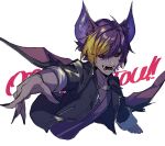  &gt;:) 1boy ahoge animal_ears bat_boy bat_ears bat_wings black_jacket black_sclera blonde_hair collarbone collared_jacket colored_sclera colored_skin commentary_request cropped_torso demon_bat_(show_by_rock!!) ebira fangs fingernails from_side hair_between_eyes jacket looking_at_viewer male_focus multicolored_hair open_mouth outstretched_arm pink_eyes purple_hair purple_shirt purple_skin reaching reaching_towards_viewer sharp_fingernails shirt show_by_rock!! simple_background slit_pupils solo two-tone_hair upper_body v-shaped_eyebrows white_background wings 