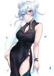  1girl absurdres bare_arms bare_shoulders black_dress blue_eyes blush breasts cleavage cleavage_cutout clothing_cutout double_bun dress grey_hair hair_between_eyes hair_bun highres long_hair medium_breasts nijisanji parted_lips petals simple_background sleeveless sleeveless_dress solo very_long_hair virtual_youtuber white_background yuki_maccha_(yukimattya10) yukishiro_mahiro 