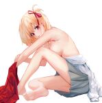  1girl abi_(user_nzav7333) absurdres barefoot blonde_hair breasts convenient_leg dress dress_removed grey_skirt hair_ribbon highres knee_up large_breasts lycoris_recoil nishikigi_chisato plaid plaid_skirt red_dress red_eyes red_ribbon ribbon shirt short_hair simple_background sitting skirt solo topless undressing white_background white_shirt 