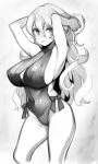  1girl alternate_breast_size alternate_costume armpits arms_up bare_legs blush bow breasts cleavage corrin_(fire_emblem) covered_navel fire_emblem fire_emblem_fates greyscale hair_between_eyes huge_breasts long_hair looking_at_viewer monochrome negiwo one-piece_swimsuit skin_tight solo swimsuit thighs wavy_hair 