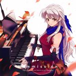  1girl bangle bare_shoulders black_gloves blue_ribbon blue_scarf bracelet breasts elbow_gloves english_commentary fingerless_gloves fire_emblem fire_emblem:_radiant_dawn gloves hair_ribbon highres instrument jewelry leaf long_hair medium_breasts micaiah_(fire_emblem) music piano playing_instrument playing_piano ribbon scarf sitting solo sumustard watermark white_hair yune_(fire_emblem) 