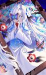  1girl abstract_background absurdres blood blood_stain blue_dress blue_hair branch bug butterfly creature dress familiar flower grey_eyes hair_flower hair_ornament hair_over_one_eye highres isekai_joucho kamitsubaki_studio long_hair long_sleeves multicolored_hair own_hands_together picture_frame solo two-tone_dress two-tone_hair upper_body virtual_youtuber white_dress white_hair yang_yang030 