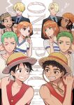  2girls 6+boys afro black_hair black_jacket black_necktie blonde_hair brown_eyes brown_headwear collarbone copyright_name curly_eyebrows dark_skin earrings goggles goggles_on_headwear green_eyes green_hair hat heart heart-shaped_pupils jacket jewelry looking_at_another monkey_d._luffy multiple_boys multiple_girls nami_(one_piece) necktie nigeria nightcat one_piece one_piece_(live_action) orange_hair red_vest roronoa_zoro sanji_(one_piece) scar scar_on_cheek scar_on_face short_hair short_sleeves smile smoking spiked_hair straw_hat straw_hat_pirates symbol-shaped_pupils usopp vest 