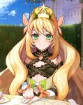  1girl bare_shoulders blonde_hair bow butterfly_hair_ornament celine_(fire_emblem) closed_mouth crown cup detached_sleeves fire_emblem fire_emblem:_three_houses fire_emblem_engage flower green_eyes hair_flower hair_ornament kgtm_0321 long_hair looking_at_viewer orange_bow outdoors plate smile solo teacup upper_body very_long_hair wrist_bow 