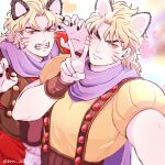  2boys black_nails blonde_hair blush closed_mouth commentary_request dio_brando drawn_ears drawn_whiskers dual_persona ear_birthmark fangs grm_jogio hands_up jojo_no_kimyou_na_bouken looking_at_viewer lowres male_focus mole mole_on_ear multiple_boys phantom_blood purple_scarf red_eyes scarf short_hair smile suspenders teeth v vampire yellow_eyes 