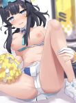  1girl absurdres black_hair blue_archive blue_eyes breasts breasts_out cheerleader dog_girl eyewear_on_head facial_mark gloves goggles goggles_on_head halo hibiki_(blue_archive) hibiki_(cheer_squad)_(blue_archive) highres holding holding_pom_poms knees_up long_hair medium_breasts millennium_cheerleader_outfit_(blue_archive) nayamy nipples official_alternate_costume panties partially_fingerless_gloves pom_pom_(cheerleading) skirt solo spread_legs star_(symbol) star_facial_mark star_sticker sticker_on_face underwear white_footwear white_gloves white_panties white_skirt yellow_halo 