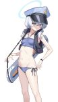  1girl absurdres bag bikini blue_archive blue_bikini breasts controlline3 grey_hair halo hat highres looking_down navel peaked_cap petite ribs shoulder_bag side-tie_bikini_bottom simple_background small_breasts solo stomach swimsuit valkyrie_police_academy_student_(blue_archive) white_background 
