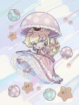 1girl blonde_hair blue_eyes blush chibi cloud colette_(lettiebobettie) crown curly_hair dress earrings elbow_gloves floating frilled_dress frills full_body gloves heart heart-shaped_pupils high_heels highres holding holding_umbrella jewelry long_dress long_hair looking_at_viewer mario_(series) mini_crown mushroom parasol pink_dress pink_footwear pink_lips princess_peach puckered_lips puffy_short_sleeves puffy_sleeves shooting_star short_sleeves symbol-shaped_pupils umbrella white_gloves 