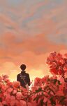  1boy bag black_hair flower haikyuu!! highres idleabyss kageyama_tobio rose school_uniform solo sunset 