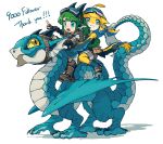  2girls absurdres ahoge arm_around_waist belt_pouch blonde_hair blue_eyes blue_hair boots brown_gloves closed_mouth doggo_1d34 dragon dragon_girl dragon_horns dragon_tail english_text fangs fingerless_gloves fins furry furry_female gloves goggles goggles_on_head green_hair head_fins highres horns jacket long_hair long_sleeves looking_at_viewer making-of_available milestone_celebration multicolored_hair multiple_girls open_mouth original pointing pouch riding shorts sidelocks simple_background sitting sleeveless smile tail talons thank_you two-tone_hair white_background yellow_fur 