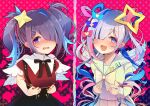  2girls amane_kanata ame-chan_(needy_girl_overdose) ame-chan_(needy_girl_overdose)_(cosplay) angel_wings anita_pastorale black_hair black_ribbon black_skirt blue_bow blue_hair blue_wings blunt_bangs blush bow chouzetsusaikawa_tenshi-chan chouzetsusaikawa_tenshi-chan_(cosplay) collared_shirt commentary_request cosplay dual_persona eyeshadow feathered_wings frown grey_hair hair_bow hair_ornament hair_over_one_eye hairclip halo heart heart_hair_ornament highres hololive long_hair long_sleeves looking_at_viewer makeup multicolored_hair multiple_girls neck_ribbon needy_girl_overdose nose_blush one_eye_closed open_mouth pink_background pink_bow pink_eyeshadow pink_hair pleated_skirt purple_bow purple_eyes quad_tails red_shirt ribbon sailor_collar school_uniform serafuku shirt shy skirt smile star_(symbol) star_hair_ornament star_halo streaked_hair suspender_skirt suspenders twintails very_long_hair virtual_youtuber wavy_mouth white_wings wings yellow_bow yellow_shirt 