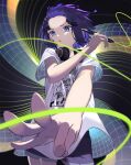  1girl blunt_bangs bob_cut breasts grey_shorts headphones headphones_around_neck highres holding holding_stylus hololive hololive_english looking_at_viewer mole mole_under_eye ninomae_ina&#039;nis ninomae_ina&#039;nis_(5th_costume) open_mouth pointy_ears purple_eyes purple_hair shirt short_hair short_shorts shorts skymax small_breasts solo stylus t-shirt virtual_youtuber white_shirt 