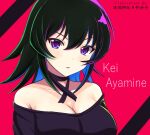  1girl artist_name ayamine_kei bare_shoulders black_choker black_hair blue_hair breasts character_name choker cleavage collarbone colored_inner_hair hair_between_eyes highres looking_to_the_side medium_breasts medium_hair multicolored_hair muv-luv open_mouth portrait purple_eyes purple_hair red_background solo streaked_hair usuba_kagerou_(shougyouchu) v-shaped_eyebrows 