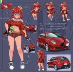  1girl alfa_romeo alfa_romeo_mito ass bandana black_gloves black_socks breasts brown_shorts car chibi collarbone commentary_request fingerless_gloves gloves green_eyes green_hair grey-framed_eyewear grey_background hair_ornament halo hand_on_hip highres italian_flag jacket low_twintails medium_breasts motor_vehicle multiple_views off-shoulder_jacket off_shoulder open_clothes open_jacket original personification puffy_short_sleeves puffy_sleeves red_bandana red_hair red_jacket round_eyewear sekira_ame shoe_soles shoes short_eyebrows short_shorts short_sleeves short_twintails shorts socks thick_eyebrows translation_request twintails white_footwear 