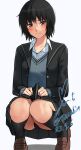  amagami black_cardigan black_hair black_skirt blue_sweater blush brown_eyes brown_footwear cardigan clothes_lift collared_shirt commentary dated dress_shirt highres kibito_high_school_uniform knees_together_feet_apart lifted_by_self light_smile loafers long_sleeves looking_at_viewer nanasaki_ai open_cardigan open_clothes pleated_skirt school_uniform shadow shirt shoes short_hair signature simple_background skirt skirt_lift smile squatting sweater swimsuit swimsuit_under_clothes twitter_username upskirt white_background white_shirt yoo_tenchi 