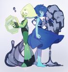  2girls absurdres barefoot blue_dress blue_eyes blue_skirt breasts clenched_hand closed_mouth colored_skin commentary_request crop_top dress forehead_jewel from_side gem green_eyes green_hair green_skin hatoridayou highres lapis_lazuli_(steven_universe) multiple_girls open_mouth peridot_(steven_universe) short_hair simple_background skirt small_breasts standing steven_universe water white_background 