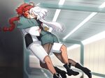  2girls ahoge asticassia_school_uniform black_pantyhose boots floating gundam gundam_suisei_no_majo heebee highres kiss long_hair miorine_rembran multiple_girls pantyhose red_hair revision school_uniform shorts suletta_mercury thick_eyebrows white_hair yuri 