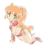  1girl all_fours armor bikini bikini_armor boots bracer breasts caron_(rall) cream_lemon green_eyes knee_boots knife long_hair looking_at_viewer navel okuri_ookami orange_hair ponytail red_bikini red_footwear retro_artstyle sf_choujigen_densetsu_rall sheath sheathed shoulder_armor sketch small_breasts smile solo swimsuit thighs very_long_hair 