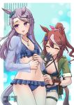  2girls ^_^ absurdres agnes_tachyon_(lunatic_lab)_(umamusume) agnes_tachyon_(umamusume) agnes_tachyon_(umamusume)_(cosplay) alternate_color animal_ears artist_logo bikini bikini_skirt black_bikini black_gloves blue_bikini blue_shorts blush bow bow_bikini breasts breasts_apart brown_hair closed_eyes cosplay cowboy_shot criss-cross_halter cutoffs ear_bow empty_eyes gloom_(expression) gloves green_jacket hair_ornament hairclip halterneck highres horse_ears horse_girl horse_tail jacket jewelry jtleeklm looking_at_another manhattan_cafe_(the_bubbles_that_i_see_with_you)_(umamusume) manhattan_cafe_(umamusume) manhattan_cafe_(umamusume)_(cosplay) mejiro_mcqueen_(umamusume) multicolored_hair multiple_girls navel open_mouth pendant ponytail purple_eyes purple_hair see-through see-through_jacket shorts single_glove small_breasts smile streaked_hair swimsuit tail thigh_strap tokai_teio_(umamusume) umamusume watermark 