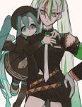  2girls aqua_eyes aqua_hair armband black_coat black_shorts bug_miku_(project_voltage) closed_mouth coat dress fighting_miku_(project_voltage) gloves green_eyes green_hair grey_hair hair_between_eyes hand_on_own_hip hat hatsune_miku korean_commentary long_hair long_sleeves looking_at_viewer mingguuu multicolored_hair multiple_girls necktie pokemon project_voltage short_shorts shorts simple_background streaked_hair twintails very_long_hair vocaloid white_gloves white_hair 