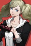  1girl black_jacket blazer blonde_hair blue_eyes card collarbone commentary earrings english_commentary english_text eroka404 hair_ornament hairclip hand_up highres holding holding_card hood hood_down hoodie jacket jewelry lips long_hair looking_at_viewer open_clothes open_jacket parted_lips persona persona_5 red_background red_lips school_uniform shirt shuujin_academy_school_uniform simple_background solo stud_earrings takamaki_anne twintails upper_body white_hoodie zipper_pull_tab 