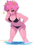  1girl absurdres ashido_mina bikini black_bikini black_nails black_sclera blush boku_no_hero_academia breasts cleavage closed_mouth colored_sclera colored_skin dashi eyelashes fingernails hands_on_hips highres horns leaning_forward medium_breasts messy_hair nail_polish navel one_eye_closed pink_hair pink_skin short_hair solo standing star_(symbol) swimsuit tongue tongue_out wading water web_address yellow_eyes yellow_horns 