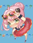  1girl alternate_hairstyle anya_(spy_x_family) bikini black_bikini doughnut_innertube eyewear_on_head female_child green_eyes hair_between_eyes hair_bun hairpods highres innertube momo-tako pink_hair single_hair_bun solo spy_x_family sunglasses swimsuit v wristband 