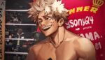  1boy bakugou_katsuki blonde_hair blood blood_on_face boku_no_hero_academia boxing boxing_ring collarbone commentary crown_(symbol) english_commentary hair_slicked_back highres instagram_username looking_ahead male_focus muscular muscular_male nosebleed open_mouth people photo-referenced photo_background raised_eyebrow red_eyes sanpaku short_hair sideburns sign smile smug solo_focus sony_(gaysony) spiked_hair sweat teeth twitter_username upper_body upper_teeth_only 