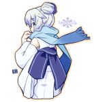  1girl back blue_eyes blue_hair blue_scarf closed_mouth hair_bun japanese_clothes kimono looking_at_viewer looking_back mawaru_(mawaru) obi orange_outline original ramune_(mawaru) sash scarf simple_background single_hair_bun smile solo white_background white_kimono white_sleeves 