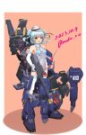  1girl alternate_costume blue_hair breasts cosplay covered_navel dated dixie_cup_hat double_bun dress elbow_gloves gloves gun gundam gundam_mk_ii gundam_mk_ii_(cosplay) hair_bun hat hat_ribbon highres kantai_collection looking_at_viewer mecha_musume military_hat moke_ro no_panties pink_background power_armor power_suit ribbon samuel_b._roberts_(kancolle) samuel_b._roberts_mk_ii_(kancolle) see-through see-through_dress short_hair small_breasts solo standing thighhighs twintails twitter_username weapon white_footwear white_thighhighs yellow_eyes zeta_gundam 