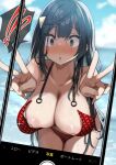  1girl :o bikini black_hair blue_sky blurry blurry_background blush breasts cleavage cloud collarbone commentary_request day double_v embarrassed highres large_breasts long_hair love_live! love_live!_nijigasaki_high_school_idol_club nipples o-ring o-ring_top ocean outdoors red_bikini revision sasanon_(sasapoliton) sky solo surprised swimsuit v wardrobe_malfunction yuuki_setsuna_(love_live!) 