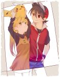  1boy 1girl baseball_cap black_hair black_shirt blonde_hair blue_pants carrying closed_mouth hand_on_own_hip hands_up hat highres holding holding_pokemon jacket long_hair long_sleeves looking_at_another looking_up natzu_(koikoi820) open_mouth outside_border pants pikachu pokemon pokemon_(creature) pokemon_adventures ponytail popped_collar princess_carry red_(pokemon) red_eyes red_jacket shirt short_hair short_sleeves simple_background smile spiked_hair yellow_(pokemon) yellow_eyes yellow_tunic 