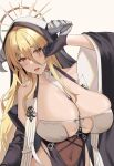  1girl azur_lane black_gloves blonde_hair breast_cutout breasts cleavage covered_navel cross fake_horns gloves habit hair_between_eyes hand_up highres horns huge_breasts implacable_(azur_lane) long_bangs long_hair nun open_mouth revealing_clothes two-tone_dress upper_body valfer veil white_horns 
