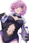  1girl absurdres bare_shoulders black_gloves black_leotard blush bottle breasts clothing_cutout commentary_request elbow_gloves fate/grand_order fate_(series) gloves highres holding holding_bottle large_breasts leotard looking_at_viewer mash_kyrielight navel navel_cutout open_mouth plastic_bottle purple_eyes purple_hair short_hair simple_background solo toukan white_background 