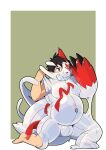  2022 aloejuice0917 animate_inanimate anthro blue_eyes brown_hair generation_3_pokemon hair hi_res inflatable male nintendo null_bulge pokemon pokemon_(species) red_sclera sharp_teeth simple_background slightly_chubby solo teeth transformation white_body zangoose 