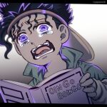  1boy backwards_hat boingo book child commentary_request crying dark-skinned_male dark_skin giga_omega hat holding holding_book jojo_no_kimyou_na_bouken letterboxed male_focus purple_eyes purple_hair snot solo stand_(jojo) stardust_crusaders tearing_up tears thoth_(stand) twitter_username upper_body visor_cap wavy_mouth 