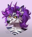  2023 anthro black_sclera bust_portrait canid cheek_tuft dated eyelashes facial_tuft female fur glistening glistening_eyes hair hi_res horn mammal marie_merkh mouth_closed orange_eyes portrait purple_hair purple_horn signature simple_background solo tuft white_body white_fur 