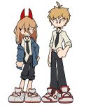  1boy 1girl black_necktie black_pants blonde_hair blue_hoodie chainsaw_man collared_shirt cross-shaped_pupils denji_(chainsaw_man) eyes_visible_through_hair hair_between_eyes hair_tuft hand_on_own_hip hood hoodie horns looking_at_viewer necktie off_shoulder pants pants_rolled_up power_(chainsaw_man) pringus_mcdingus red_horns shirt shirt_partially_tucked_in shirt_tucked_in short_hair simple_background smile symbol-shaped_pupils toon_(style) white_background white_shirt yellow_eyes 